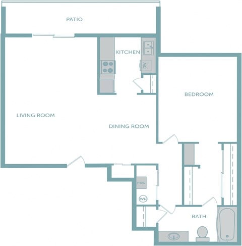 Floor plan for 1 bed, 1 bath, 788 sqft
